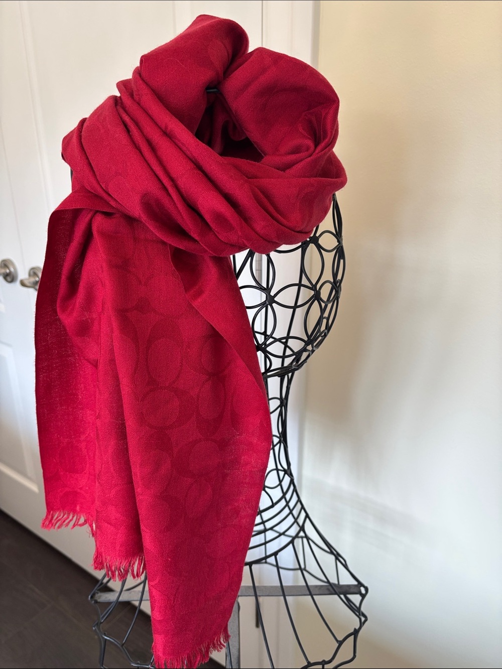 Coach Red Signature Jacquard Wrap Scarf, Like New